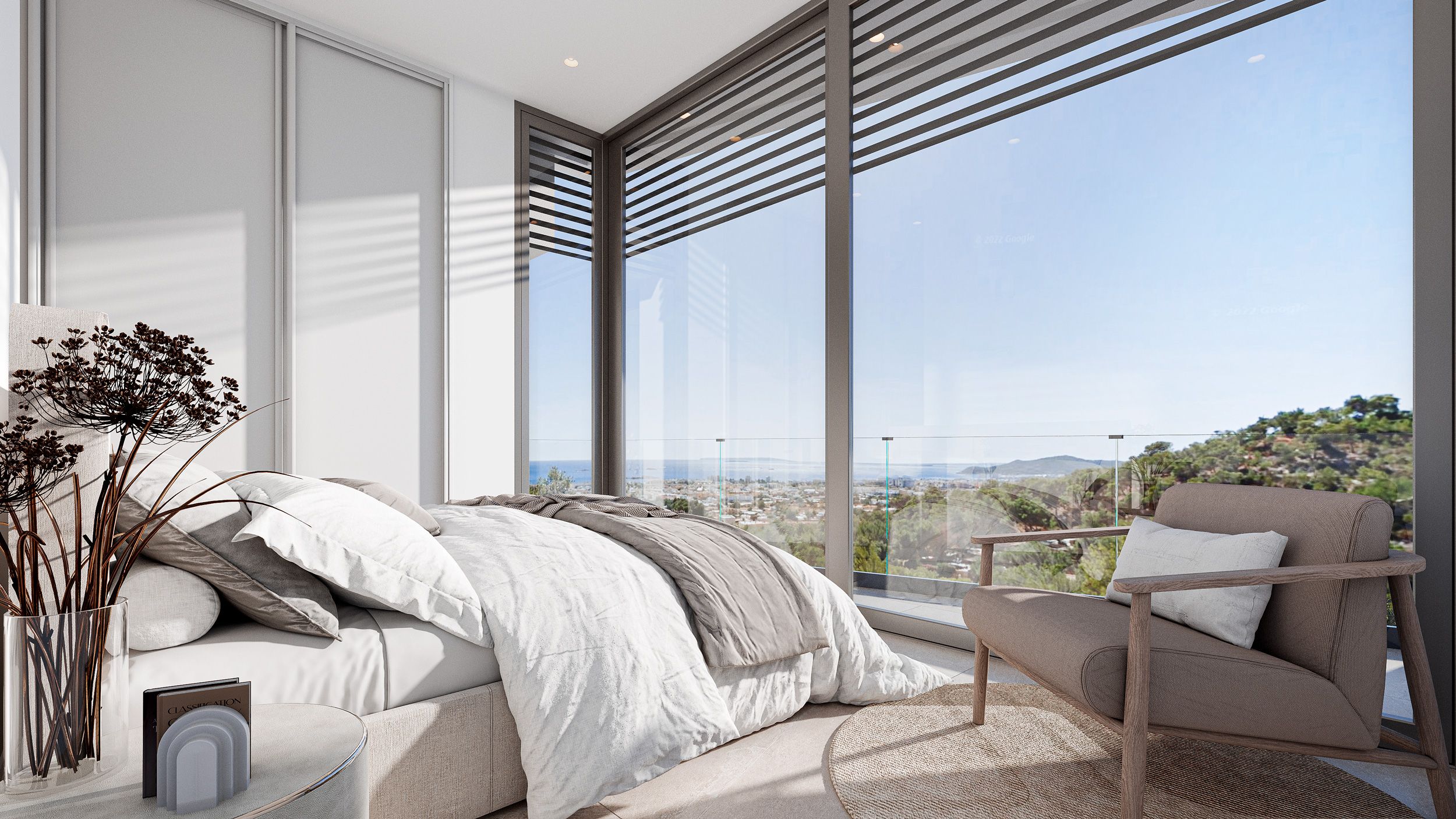 Render de dormitorio principal con vistas al mar