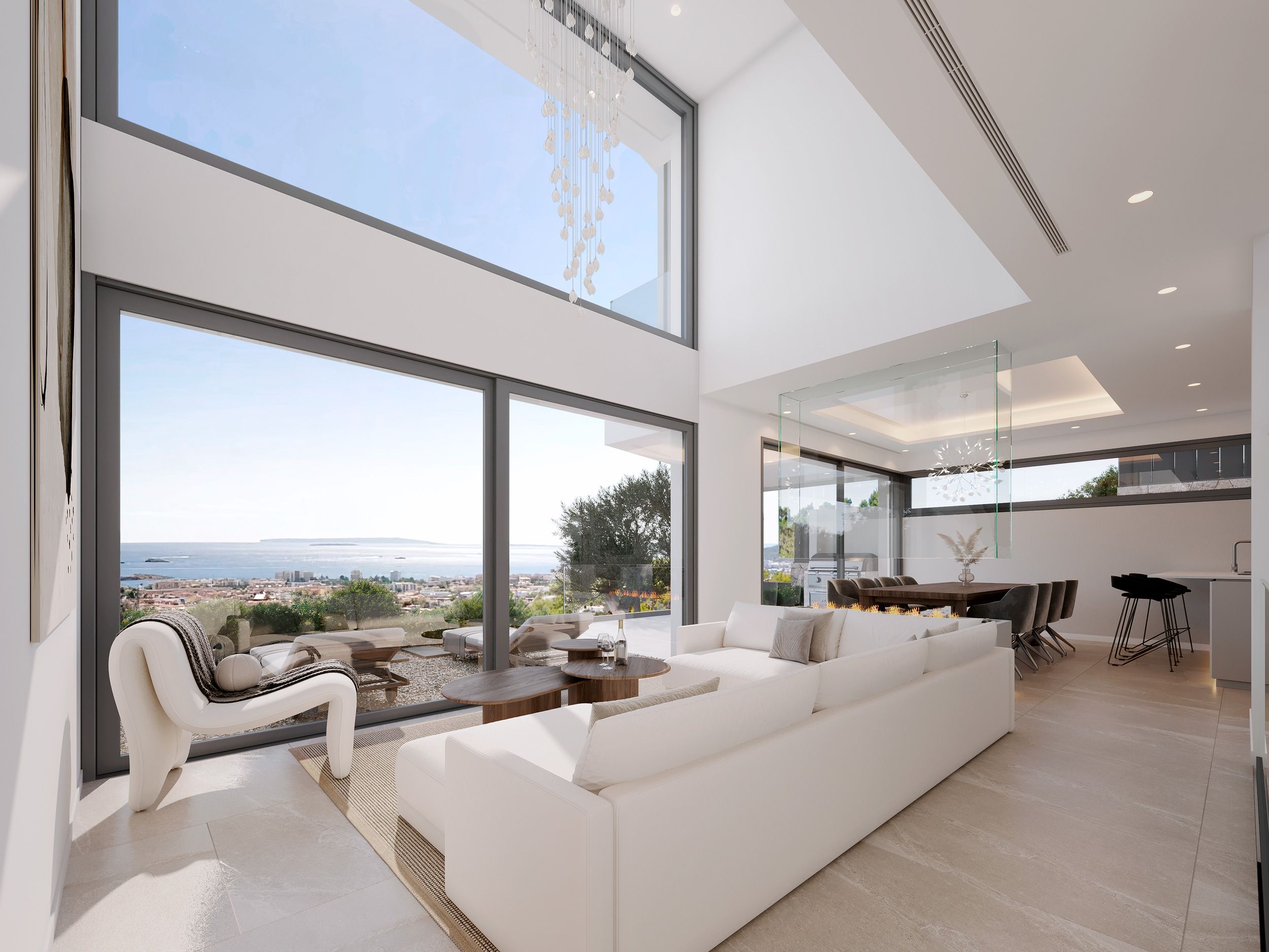 Render de salón a doble altura con vistas al mar